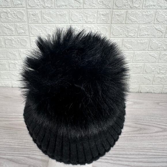 Hat Attack Acrylic Pom Pom Winter Beanie Hat Faux Fur Lined Ribbed Knit Black - Picture 4 of 11